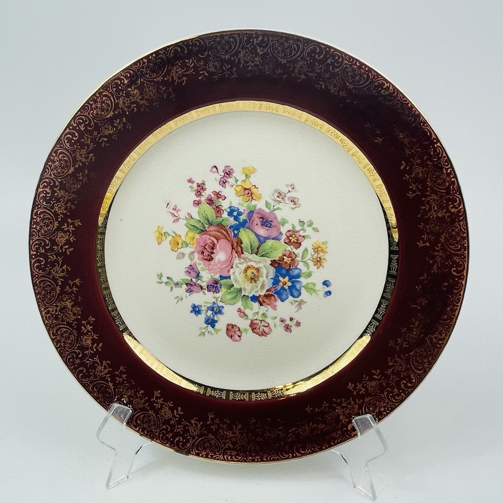 Century By Salem Maroon Red‎ 23 Karat Encrusted Gold 10" Dinner Plate Floral USA